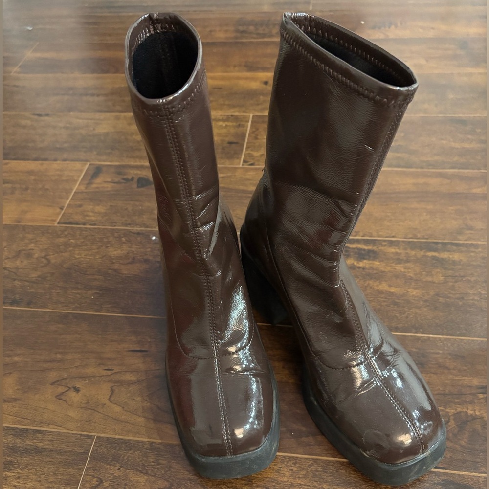Brown patent mid high boot